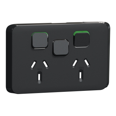 CLIPSAL ICONIC EXTRA BLACK 10A DOUBLE POWERPOINT WITH EXTRA SWITCH SKIN 3025XC-XB